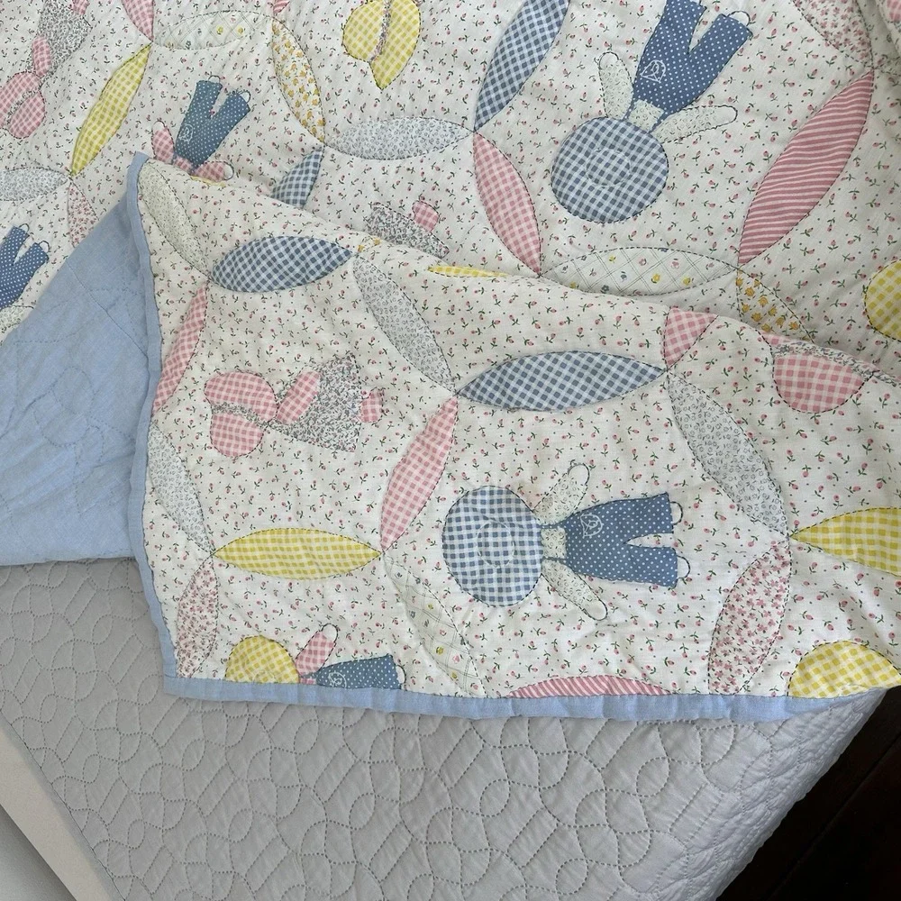 Vintage Sunbonnet Sue Sam Quilt Handmade Hand stitched Cotton Blue Pink Yellow